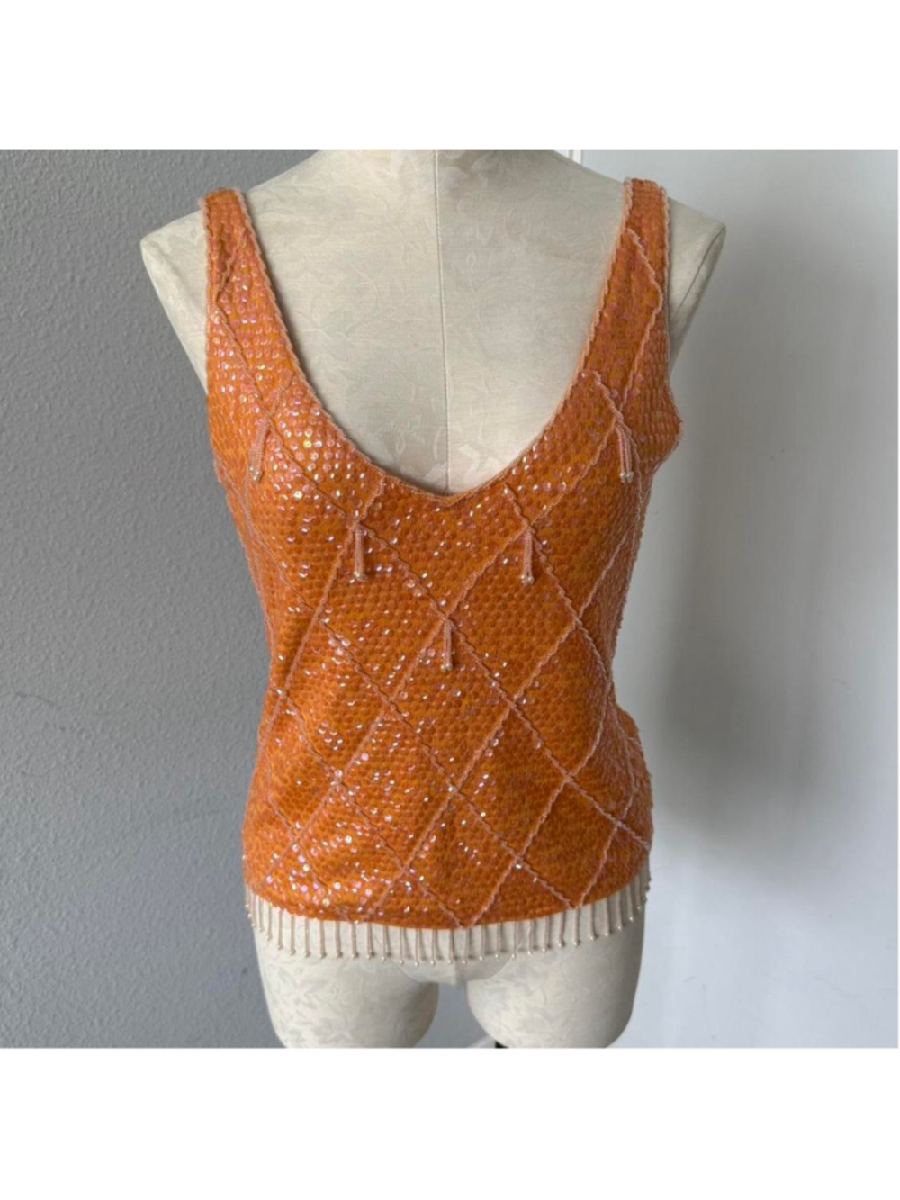VTG y2k 2005 Banana Republic Silk Blend orange sequin top with fringe detail